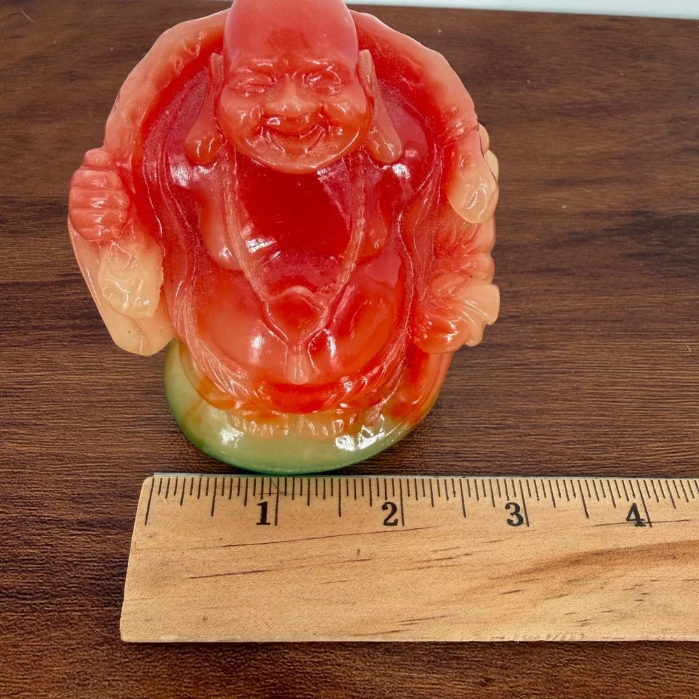 VTG 90s Fire Red & Green Translucent Resin Buddha Ogi Fan‎ & Wu Lou 3.75